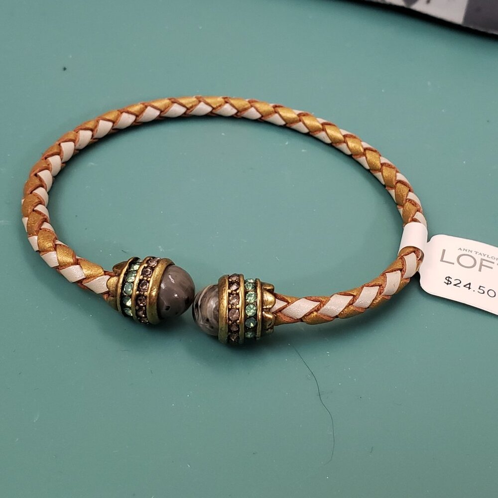 Ann Taylor, Loft, NWT, Green taupe rhinestone brown white rope adjustable cuff